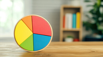 Fototapeta premium A colorful pie chart model on a wooden table, representing data analysis and statistics in a home office setting.