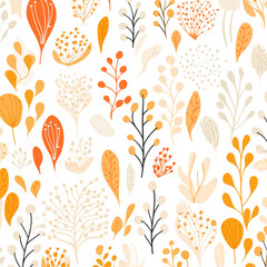 Fototapeta premium Background illustration of autumn leaves and branches pattern in orange, yellow, and beige