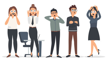 Set of puzzled and surprised office people. Problem solving and discussion. Vector flat illustration