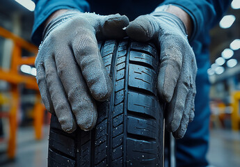 A man wearing gloves is holding a tire. Concept of caution and precision, as the man is likely working on the tire to ensure its safety and proper functioning