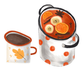 Christmas punch, mulled wine with pear, apples, orange and cranberries in a saucepan.Winter hot drink with cinnamon, cloves, top view.