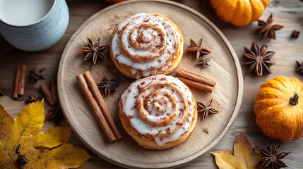 Fototapeta premium A top-down view of a rustic wooden table with a tray of cinnamon rolls topped with creamy glaze, surrounded by cinnamon sticks, star anise, and a warm drink.