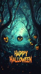 Spooky Halloween Forest with Glowing Jack-O'-Lanterns
