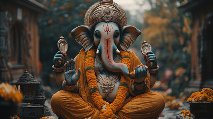 Obraz premium Ganesh Chaturthi community event, showcasing the collective spirit of a community coming together to celebrate Ganesh Chaturthi with shared rituals, music, and festivities in a public space