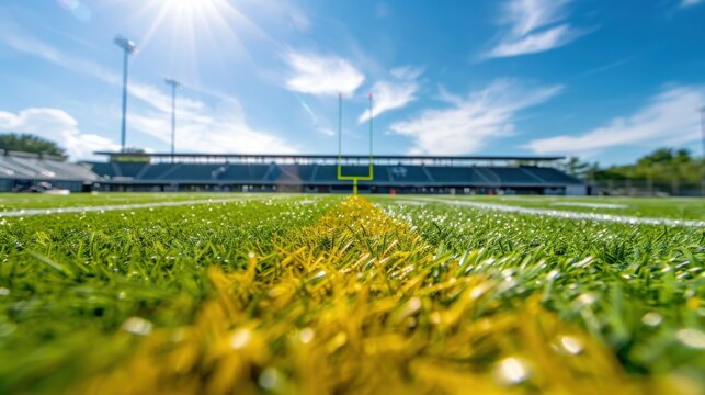 Anticipating Victory: Empty High School Football Field in Bright Sunlight with Goalposts and Bleachers in Background