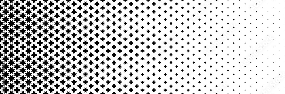Poster horizontal halftone of black serrated star design for pattern and background.