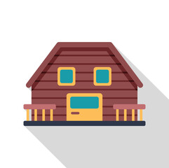 Wooden country house with porch having two benches is standing on white background and casting long shadow