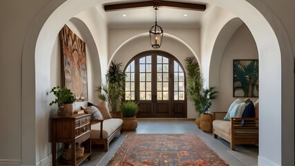 Boho, mediterranean interior design of modern home entryway, hall with arched walls, Ai Generated