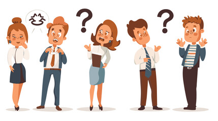 Set of puzzled and surprised office people. Problem solving and discussion. Vector flat illustration