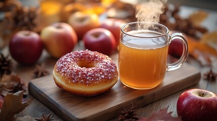 A wide-angle shot capturing a rustic autumn scene with apple cider donuts on a wooden board, surrounded by apples and a steaming mug of cider. The warm, golden light adds a cozy, inviting feel,