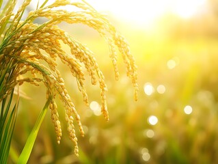 Rice plant, rice grain close-up, golden sunshine background