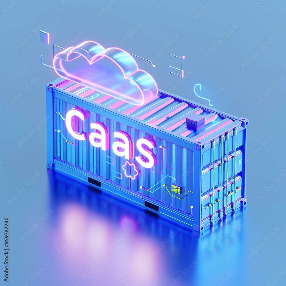 Poster 3d illustration of a blue container with the text 'caas' and a cloud icon, symbolizing containers as
