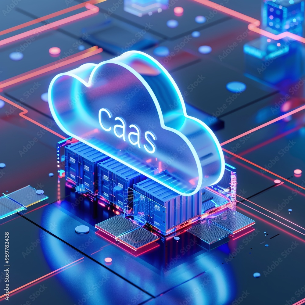 Poster 3d illustration of a cloud infrastructure with caas written on it, representing cloud architecture a
