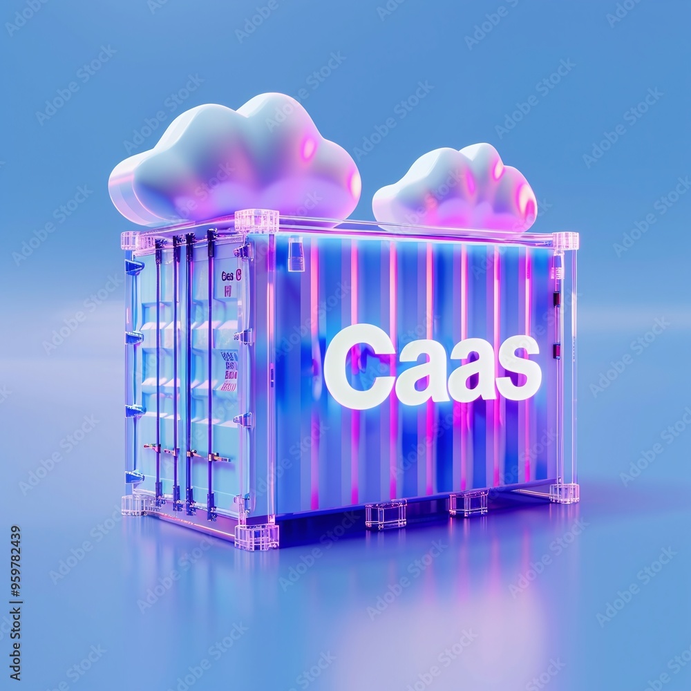 Poster 3d illustration of a glass container with clouds on top and 'caas'. concept for cloud computing and 