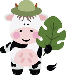 Explorer cow with hat holding a leaf