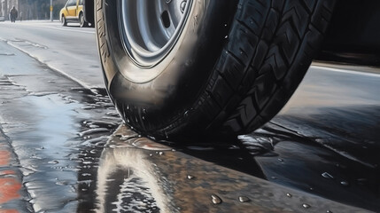 Part of an automobile wheel in rays of sun on road with markings close-up. AI generated.