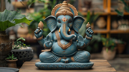 Fototapeta premium Ganesha eco-friendly colors, showcasing a beautifully crafted Ganesha idol painted with natural, eco-friendly colors, emphasizing sustainability and tradition