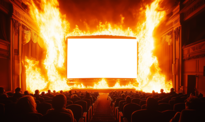 Theater audience watching a blank screen engulfed in flames, symbolizing intense visual spectacle or metaphorical destruction of conventional storytelling