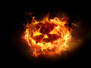 Fototapeta premium A fiery Jack-o'-lantern glowing with intense flames, creating a menacing Halloween atmosphere against a dark background. The flames dance around the carved pumpkin's face, adding drama and mystique