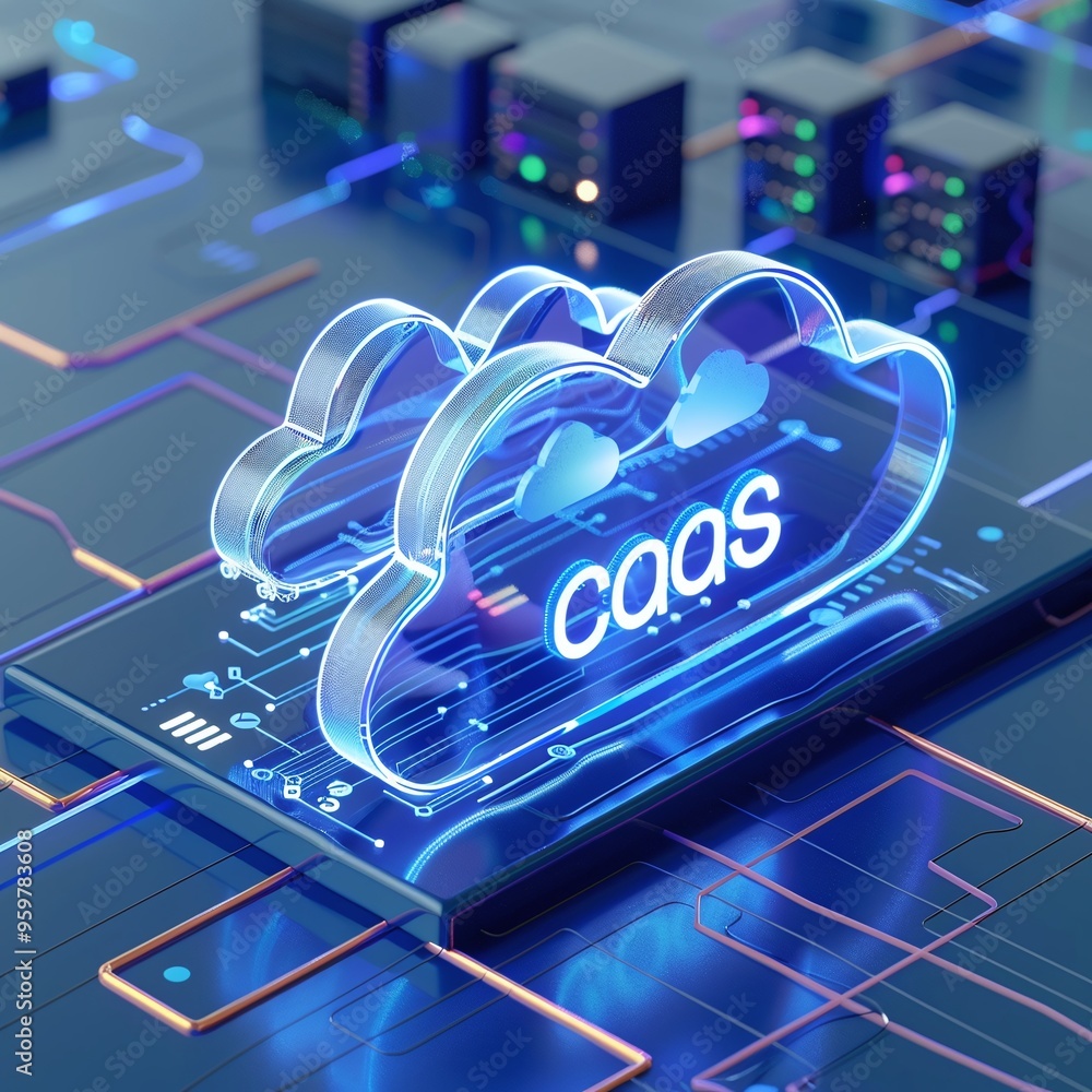 Poster 3d illustration showing cloud computing concept with caas symbol in futuristic digital environment.