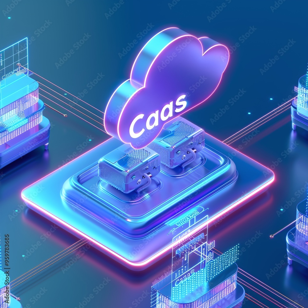 Poster 3d render of a cloud-as-a-service (caas) concept with cloud icon and infrastructure. futuristic tech