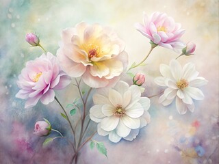 A photo image of delicate, hand-painted watercolor flowers in soft pastel hues, with petals softly blending into each other, set against a subtle, textured background.