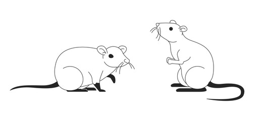Couple of cute domesticated rats black and white 2D line characters. Adorable small animals asking for food. Funny rodent pets isolated vector outline personages. Monochromatic spot illustration