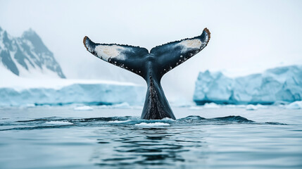 A majestic whale tail emerging from the icy waters, surrounded by glaciers and snowy mountains in a cold, Arctic or Antarctic environment.
