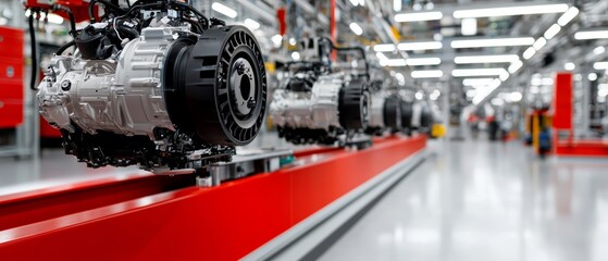 Fototapeta premium Modern assembly line with engines being put together by automated systems, reflecting the future of automotive manufacturing