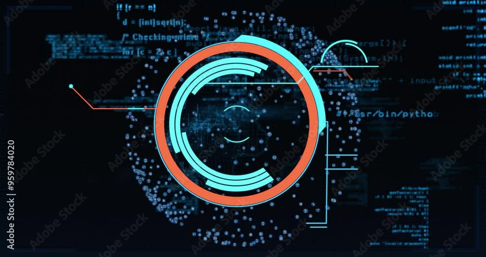 Aufkleber circular data visualization and coding animation over digital background with programming text