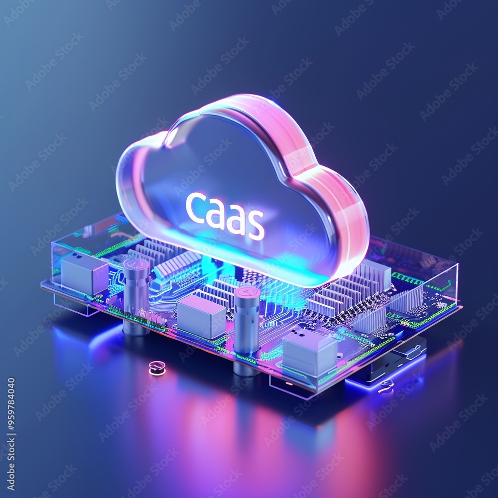 Poster 3d rendering of caas (cloud as a service) symbol over a circuit board, representing modern cloud com