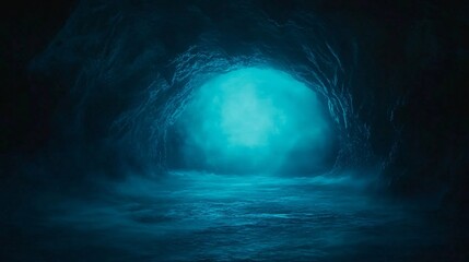 Fototapeta premium Mysterious cave with glowing blue light illuminating the calm water.