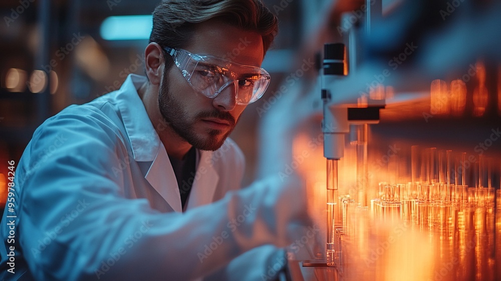 Poster focused scientist in lab: a dedicated scientist in a laboratory setting, meticulously working with t