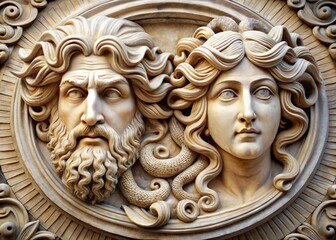 a photo image of a swirling design featuring the faces of Zeus and Hera from Greek mythology on a curved, snake-like motif