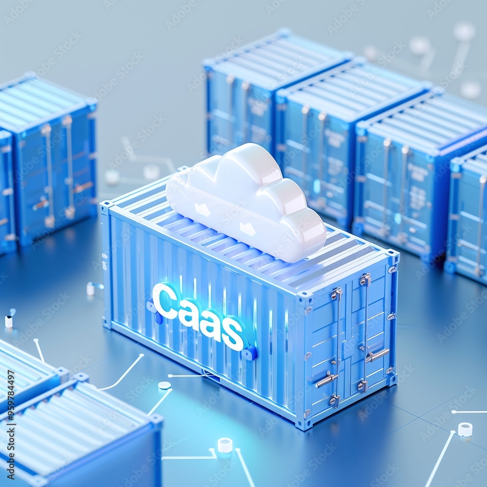 Poster blue container representing cloud as a service (caas) concept surrounded by network and data symbols