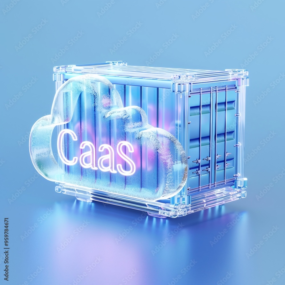 Aufkleber digital 3d rendering of a 'caas' cloud service concept with a container against a blue background.