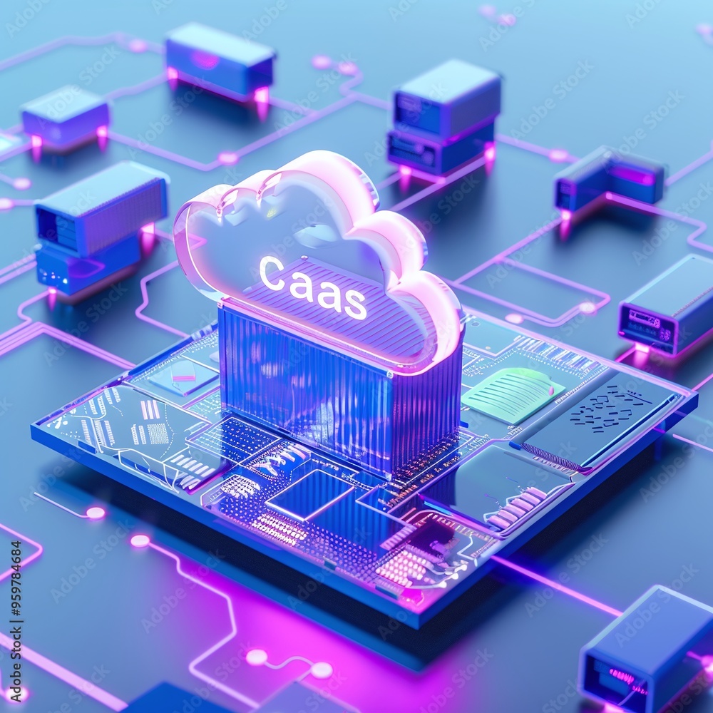 Poster digital cloud infrastructure concept with 'caas' cloud service in a high-tech environment illuminate
