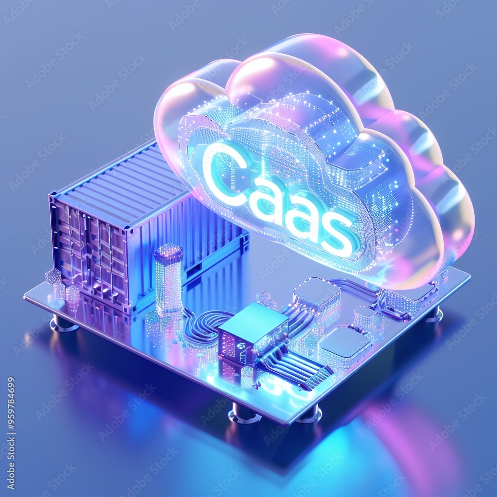 Poster digital cloud with 'caas' text above hardware components representing cloud as a service concept on 