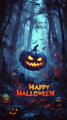 Spooky Halloween Forest with Glowing Jack-O'-Lanterns
