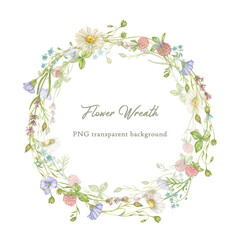 Watercolor wreath of wildflowers. Elements of floral design. Elegant illustration of a floral frame for wedding invitations, postcards, backgrounds, tags, posters, packaging