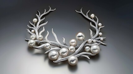 Piece of jewelry is made of silver and pearls and shaped into a beautiful branch-like design sure to be a showstopper.