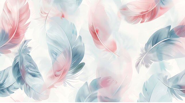 A seamless pattern of stylized feathers in soft pastel tones, floating across a light background, creating a dreamy and ethereal design. 8k UHD, suitable for high-quality printing or digital 