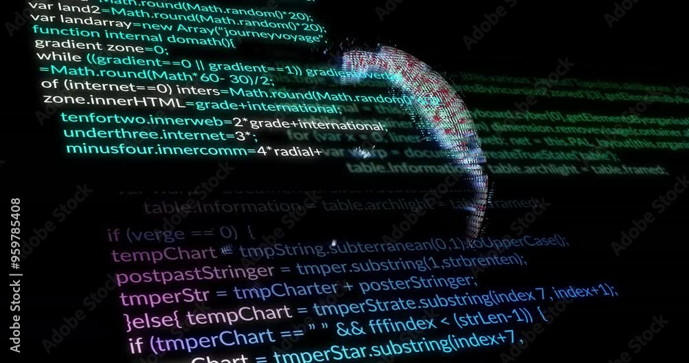 Poster programming code over animation of human face, representing cybersecurity and data protection