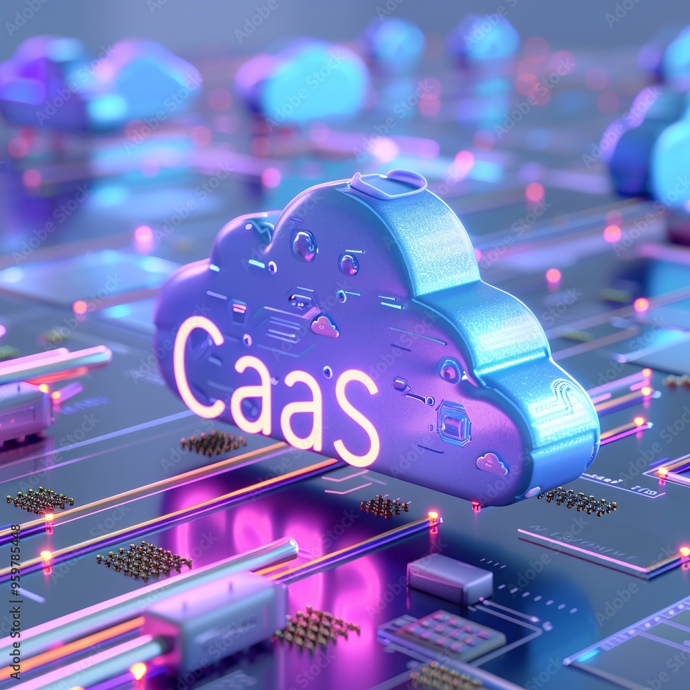 Poster futuristic 3d render of cloud as a service (caas) concept in a glowing tech environment, showcasing 