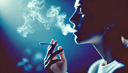 Fototapeta premium Smoking woman in dark light with emphasized shadows and silhouette – Solitude and health