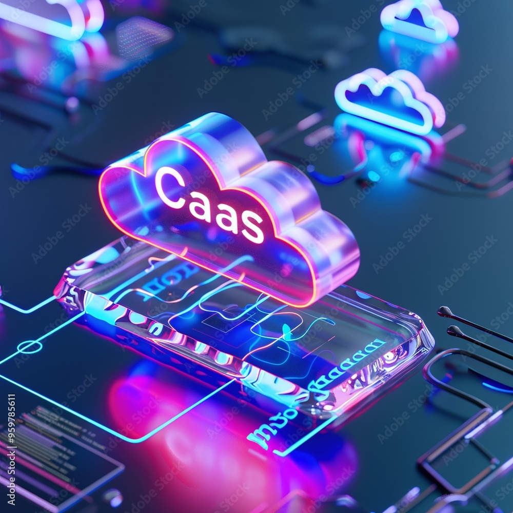 Poster futuristic 3d rendering of cloud service concept labeled 'caas' with neon lights and digital circuit