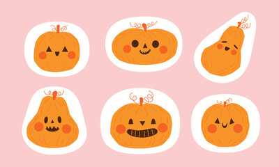 Happy Halloween pumpkins element set on pink background. Cute pumpkins for scrapbooking, greeting card, party invitation, poster