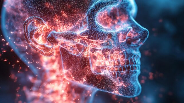 Hemophilia awareness with 3d illustration of clotting factors in the body through brain skull bone scan.