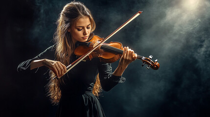 Low angle shot of a focused female violinist playing classical music under a dramatic top light in a dark