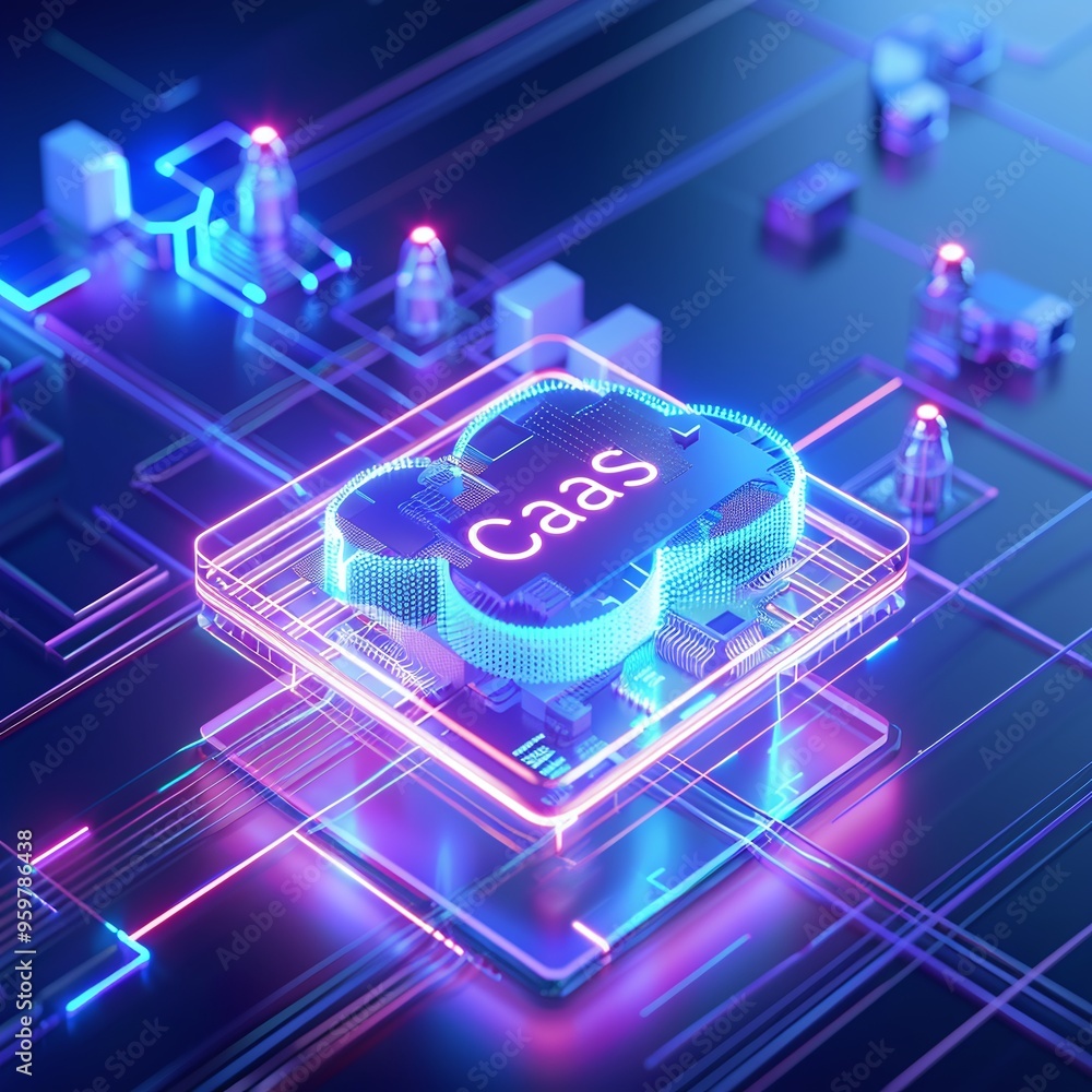 Poster futuristic concept of computing as a service (caas) with a glowing computer chip and neon lights on 